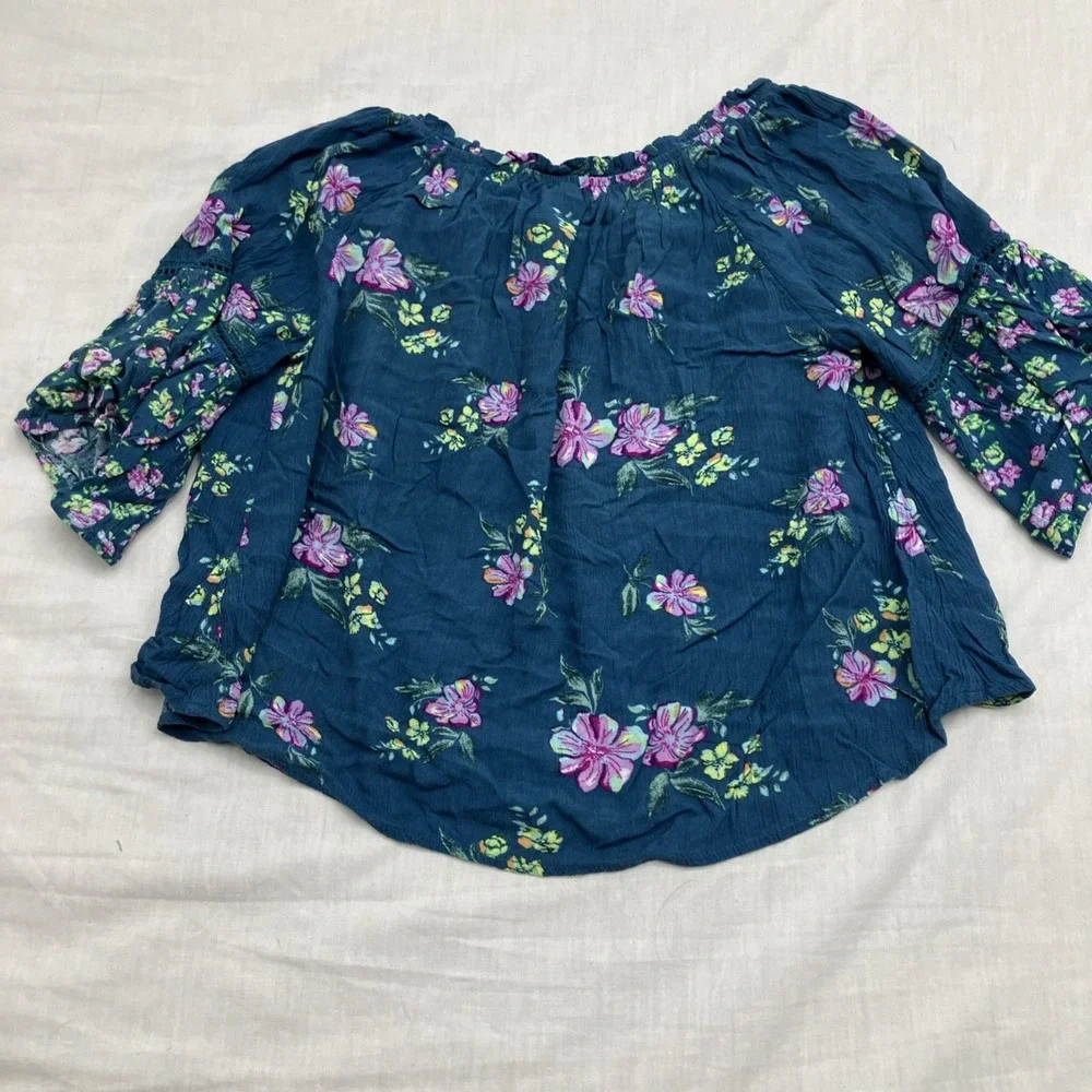 Justice Shirt Girls M/10 Teal Floral Long Sleeve Crochet Peasant Top Boho